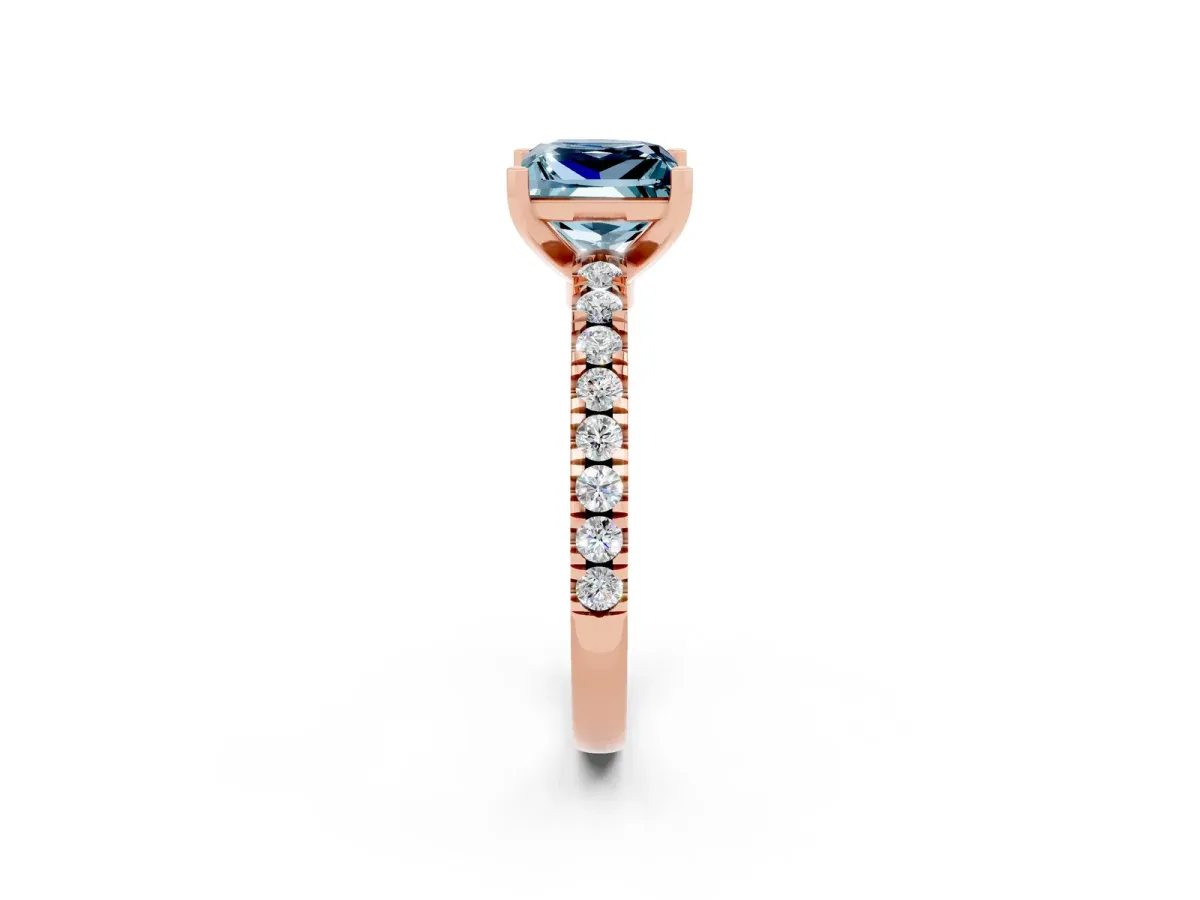 Princess Cut Solitaire Aquamarine with Pavé Band and Four-Prong Setting Rose gold