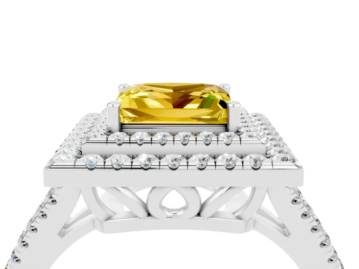 Princess Cut Yellow Sapphire Double Halo Ring with Pavé Band and Prong Setting White gold