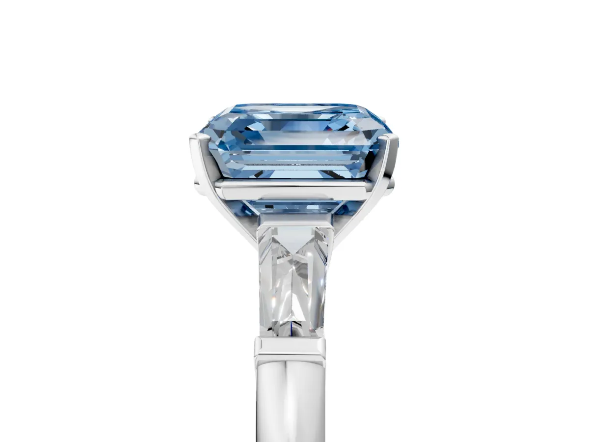 Fancy Blue Asscher Cut Solitaire with Tapered Baguette Side Stones on a Classic Band with Four-Prong Setting Platinum