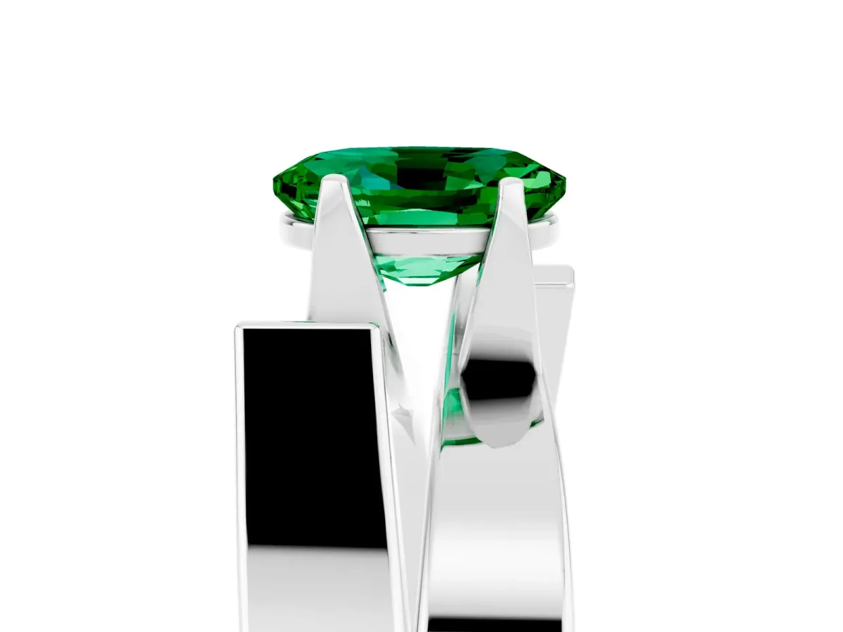 Modern Tension Set Oval Cut Emerald Solitaire Wide Band Ring Platinum