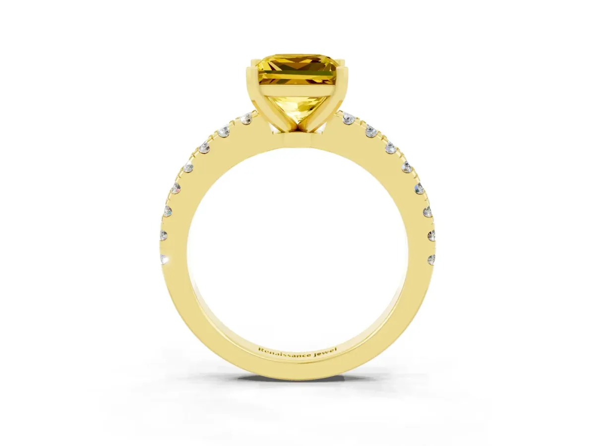 Princess Cut Solitaire Yellow Sapphire with Pavé Band and Four-Prong Setting Yellow gold