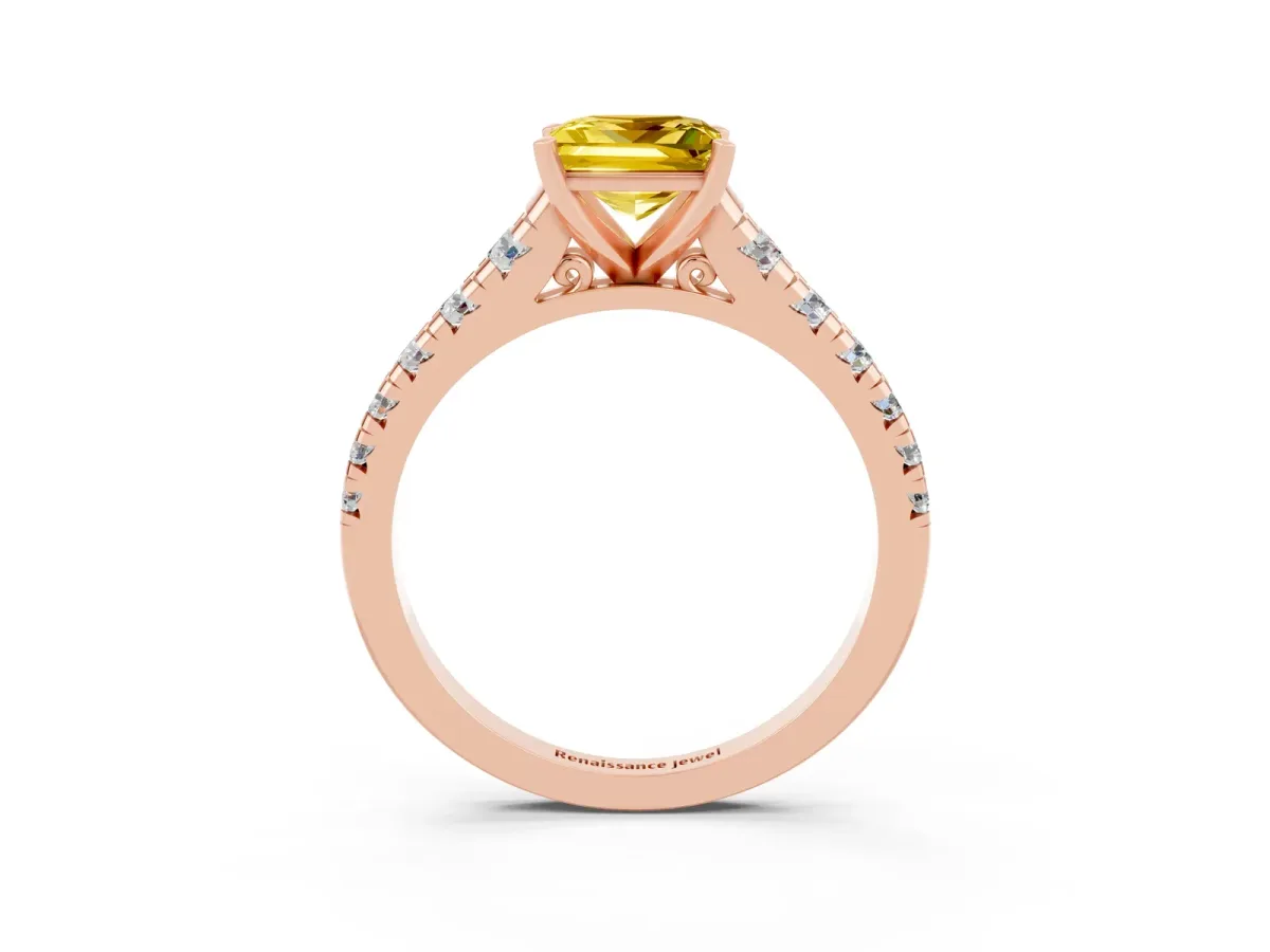 Princess Cut Yellow Sapphire Cathedral Solitaire Ring with Round Pavé Band Rose gold