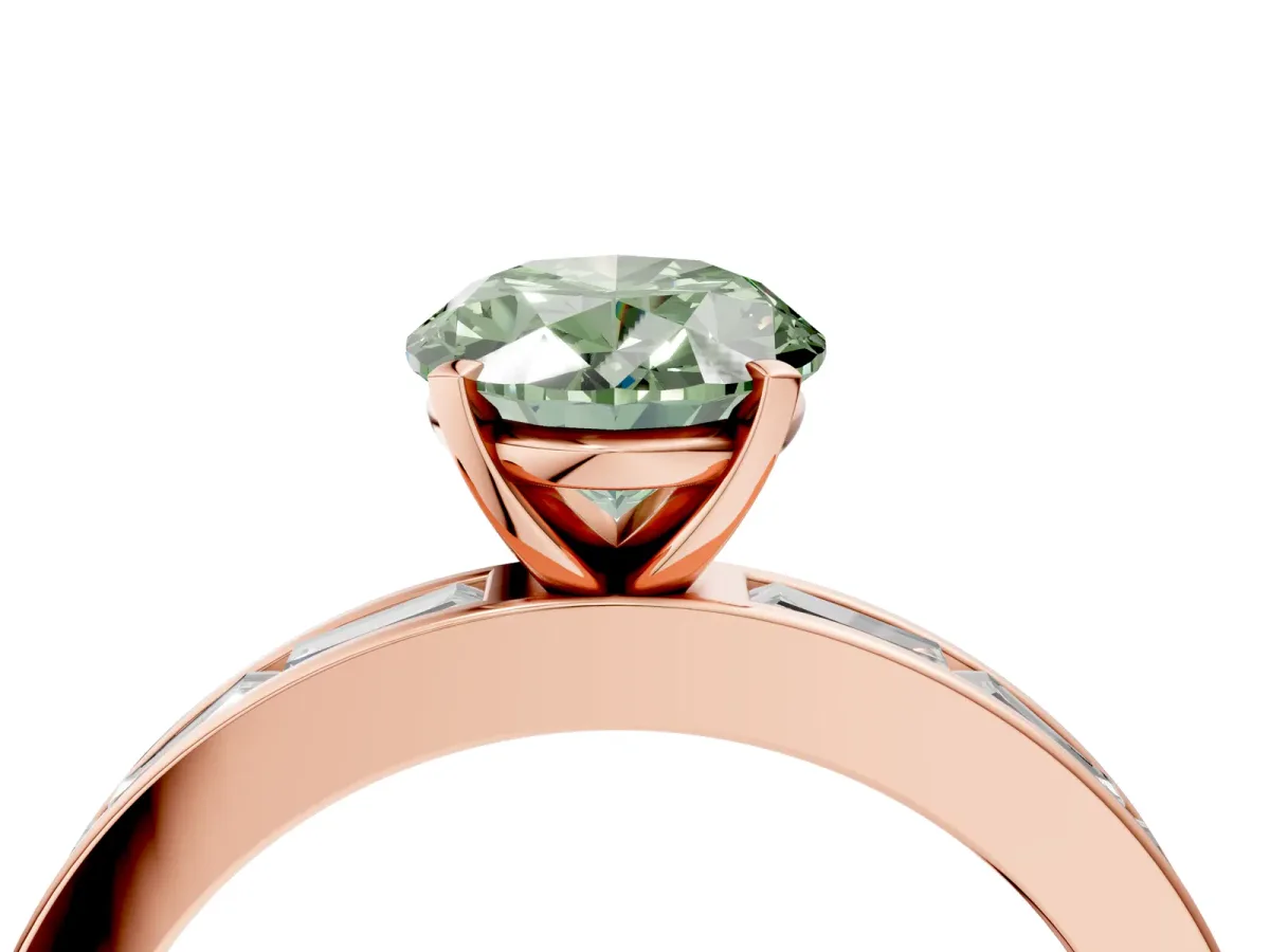 Fancy Green Oval Cut Solitaire Diamond Ring with Channel-Set Baguette Band and Four-Prong Setting Rose gold