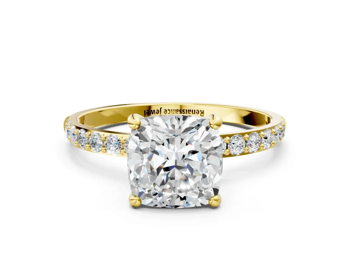 Cushion Cut Diamond Solitaire Ring with Round Moissanite Pavé Band and Prong Setting Yellow gold