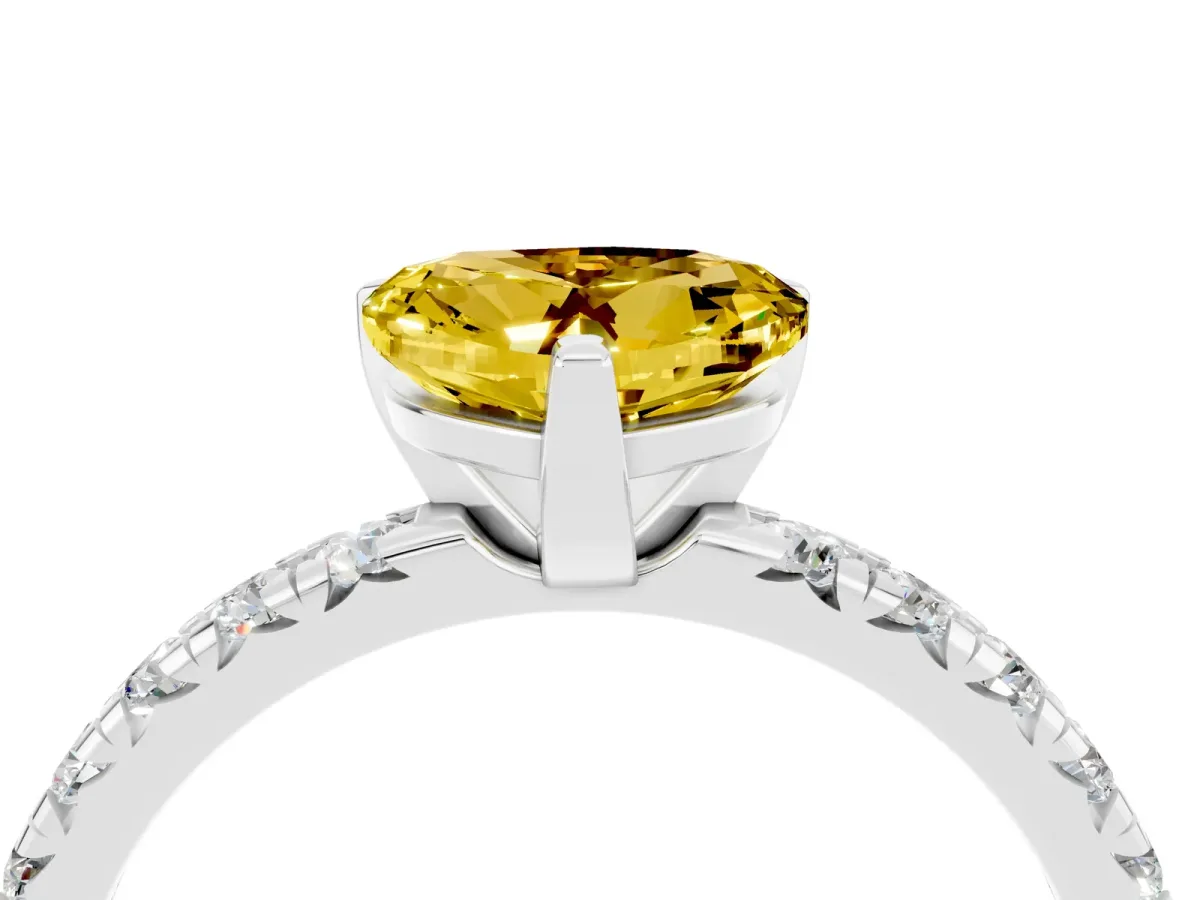 Heart Cut Yellow Sapphire Solitaire Pavé Engagement Ring with Round Band and Prong Setting Platinum