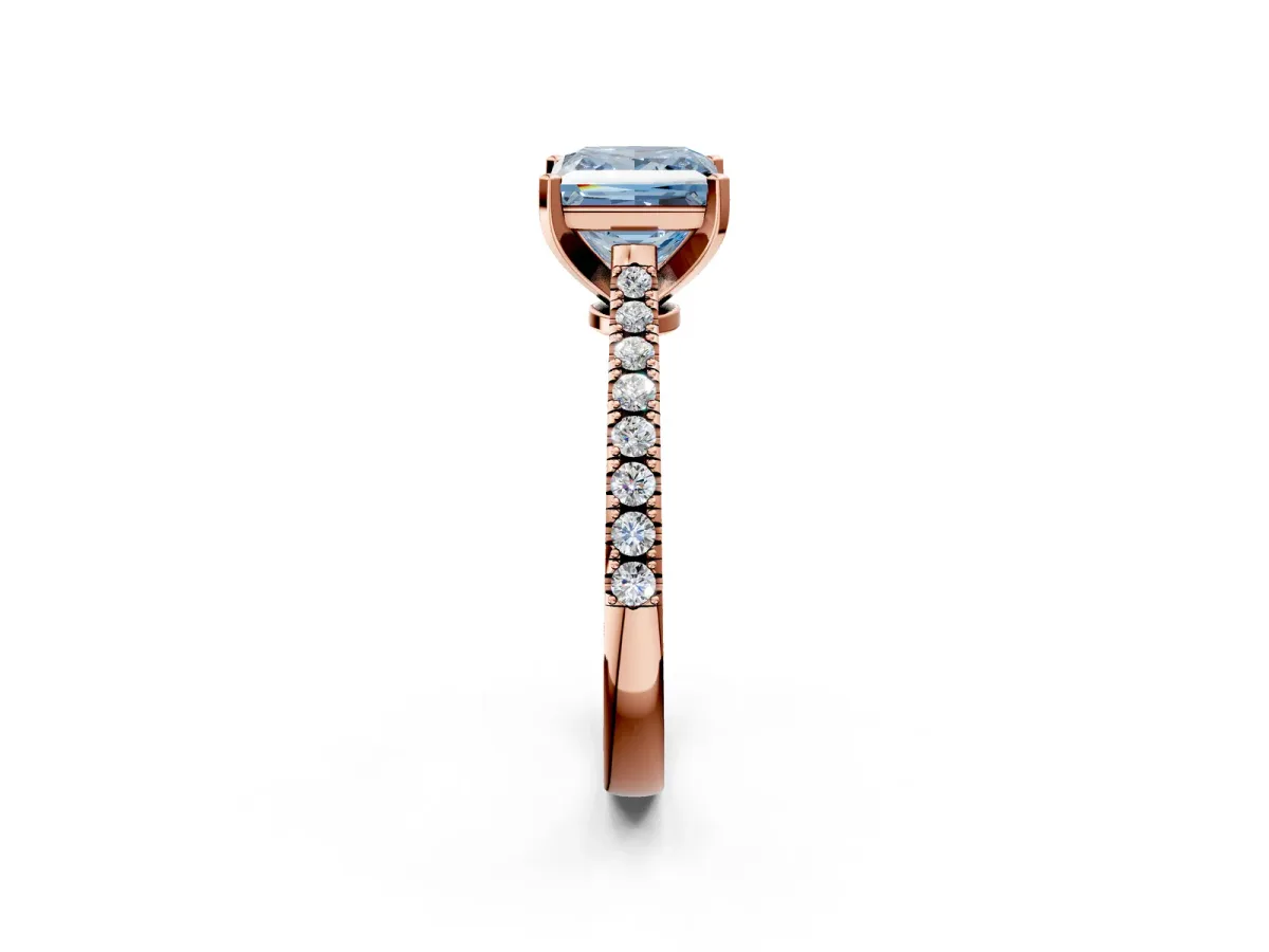 Fancy Blue Princess Cut Cut Solitaire Diamond Engagement Ring with Pave Band and Four-Prong Setting Rose gold