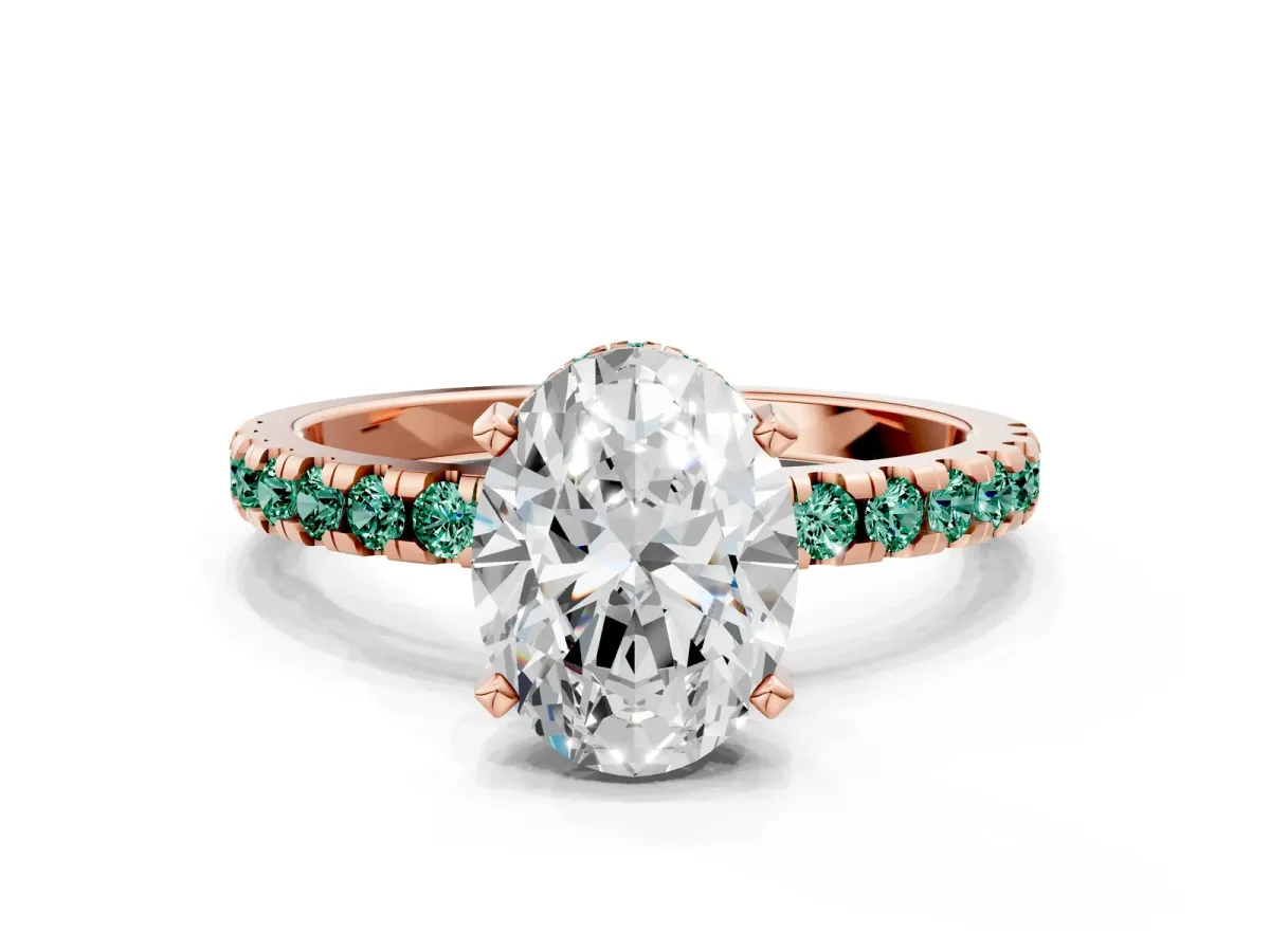 Oval Cut Diamond Solitaire Ring with Round Green Sapphire Pavé Band and Four-Prong Setting Rose gold