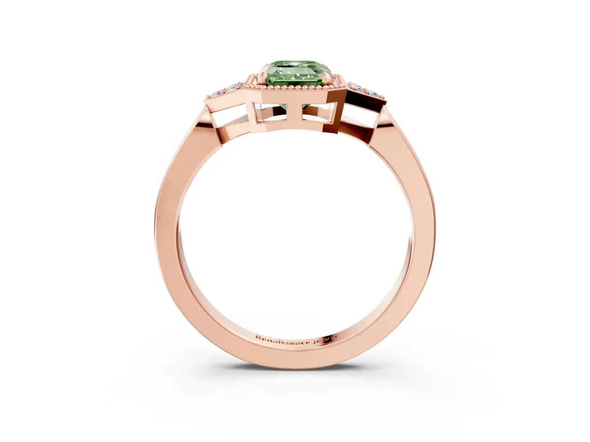 Fancy Green Emerald Cut Diamond Halo Ring with Tapered Band and Four-Prong Setting Rose gold