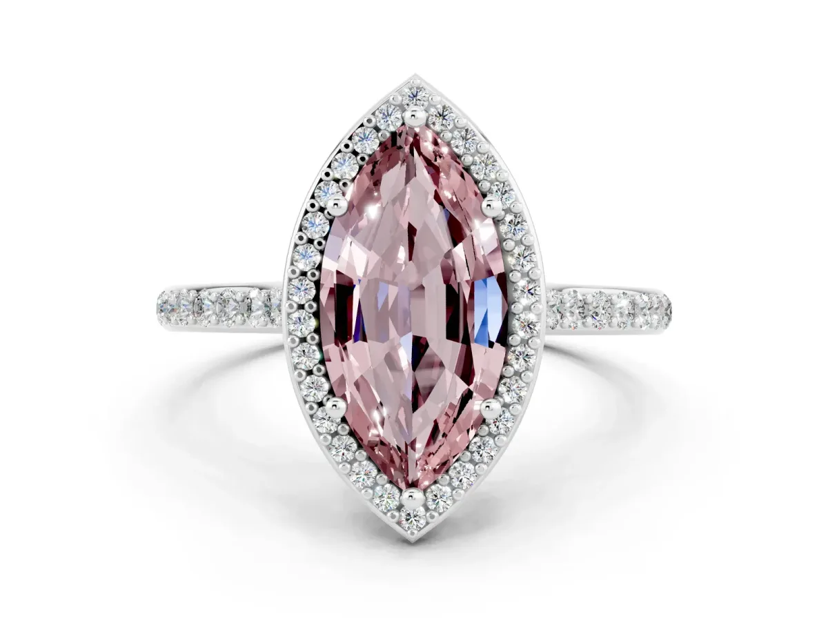 Marquise Cut Morganite Halo Engagement Ring with Round Pavé Shoulders and Prong Setting Platinum