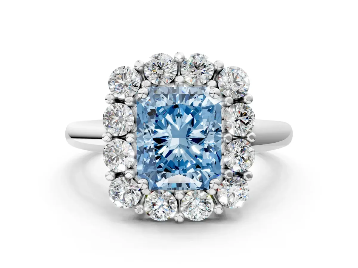 Fancy Blue Radiant Cut Halo Cluster Diamond Engagement Ring with Prong Setting and Polished Band Platinum