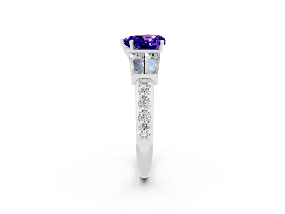 Heart Cut Tanzanite Engagement Ring with Baguette Side Stones and Channel Set Band Platinum