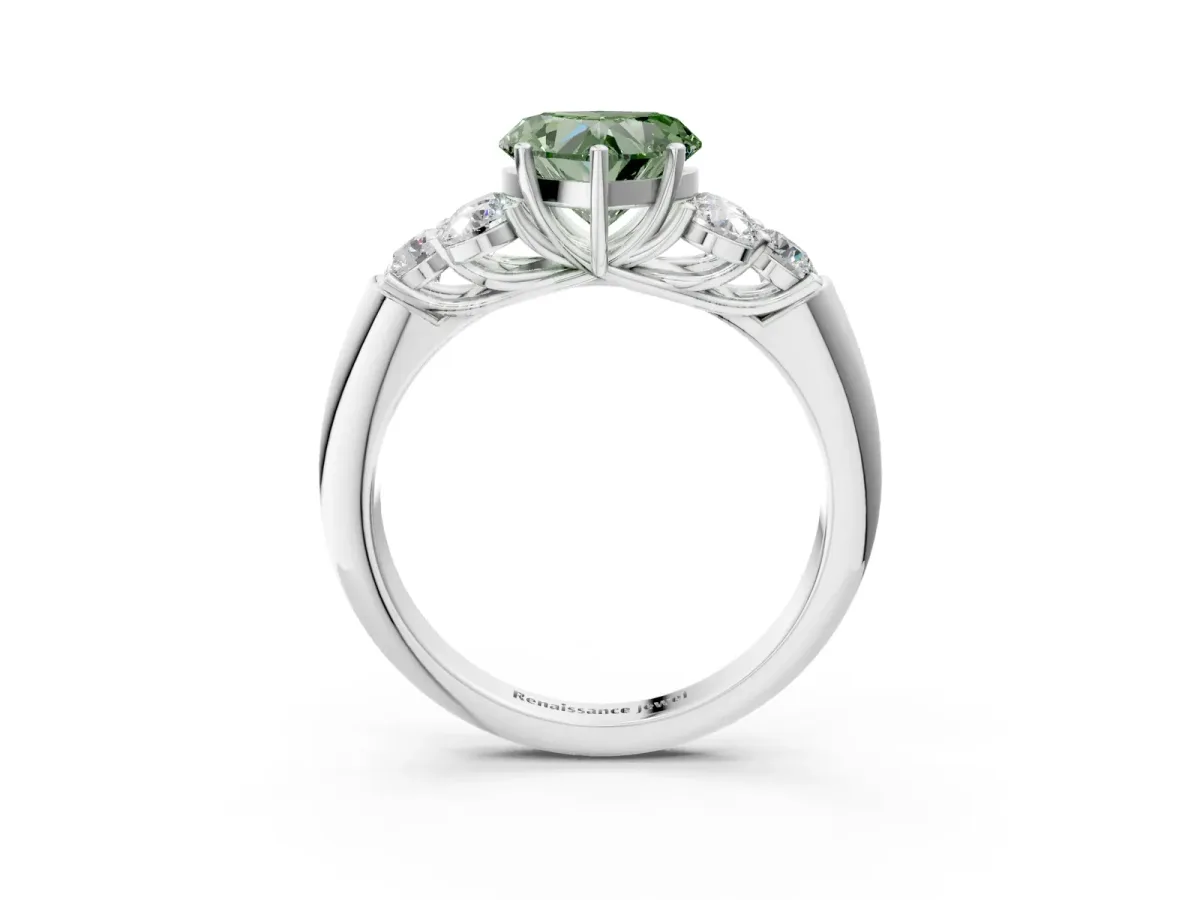 Fancy Green Heart Cut Cut Diamond Cluster Ring with Round Accent Stones and Prong Setting on a Classic Band Platinum