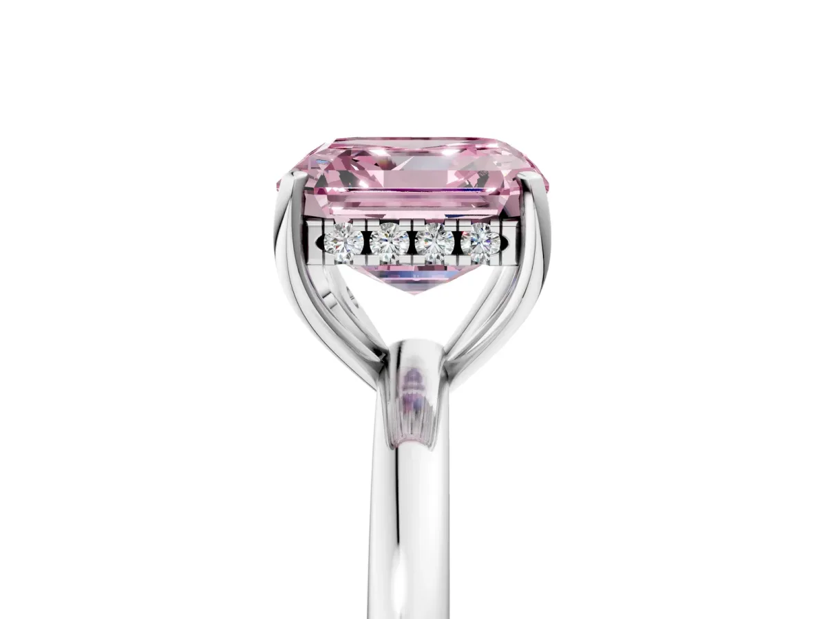Fancy Pink Asscher Cut Solitaire Diamond Ring with Prong Setting and Plain Band Silver