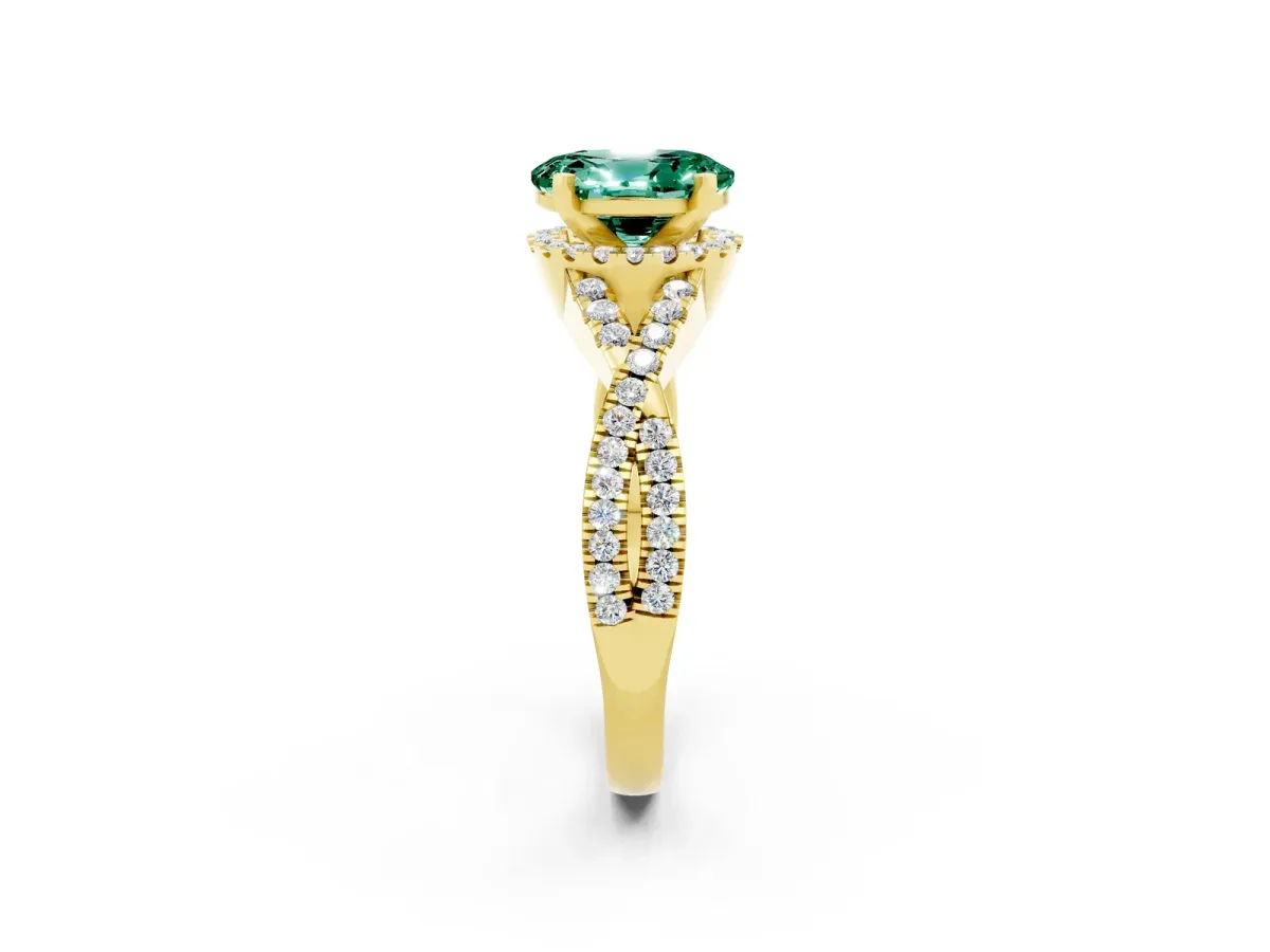 Oval Cut Green Sapphire Halo Twist Band Solitaire Prong Setting Ring Yellow gold