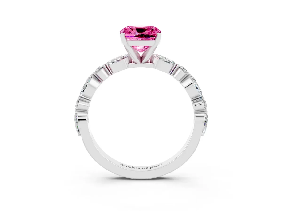 Cushion Cut Pink Sapphire Ring with Marquise and Round Side Stones and Four-Prong Setting White gold