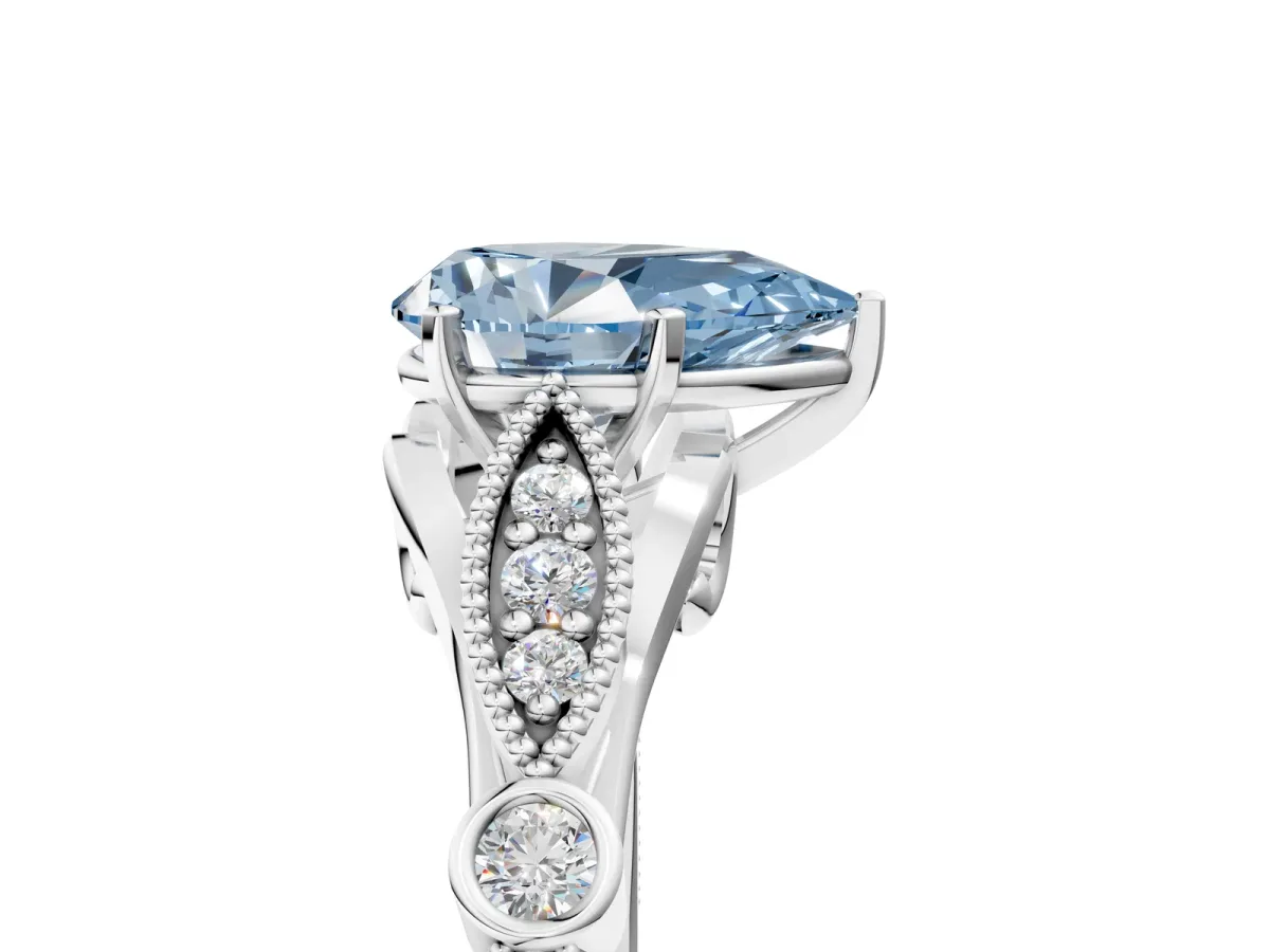 Fancy Blue Pear Cut Cut Diamond with Milgrain Marquise and Bezel Accents on a Solitaire Band with Prong Setting Silver