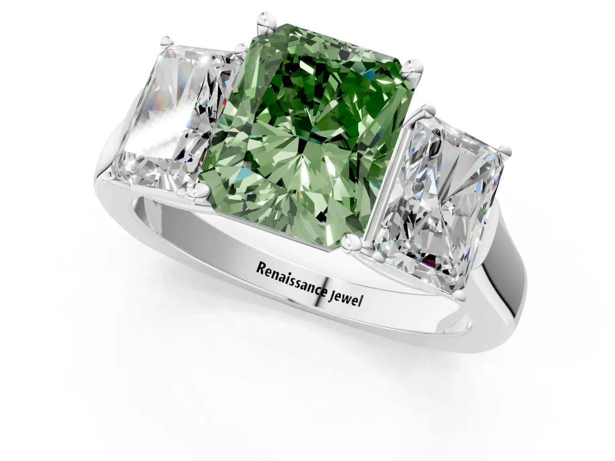 Fancy Green Three-Stone Radiant Cut Brilliant Diamond Trellis Ring with Comfort Fit Band Platinum