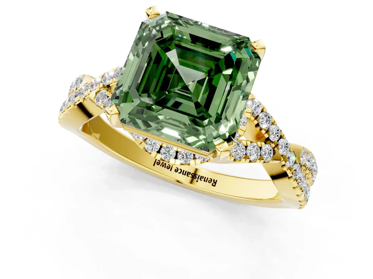 Fancy Green Asscher Cut Diamond Halo Twist Band Solitaire Prong Setting Ring Yellow gold