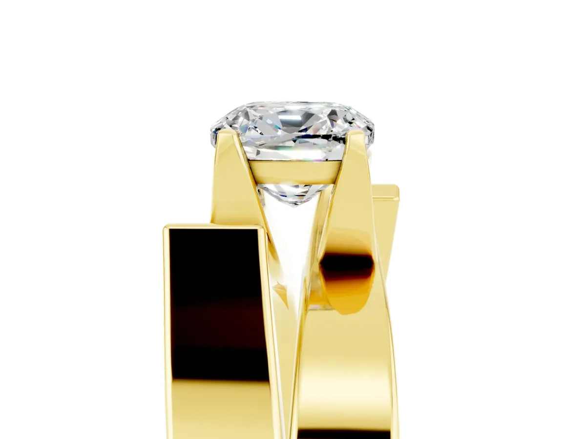 Modern Tension Set Cushion Cut Moissanite Solitaire Wide Band Ring Yellow gold