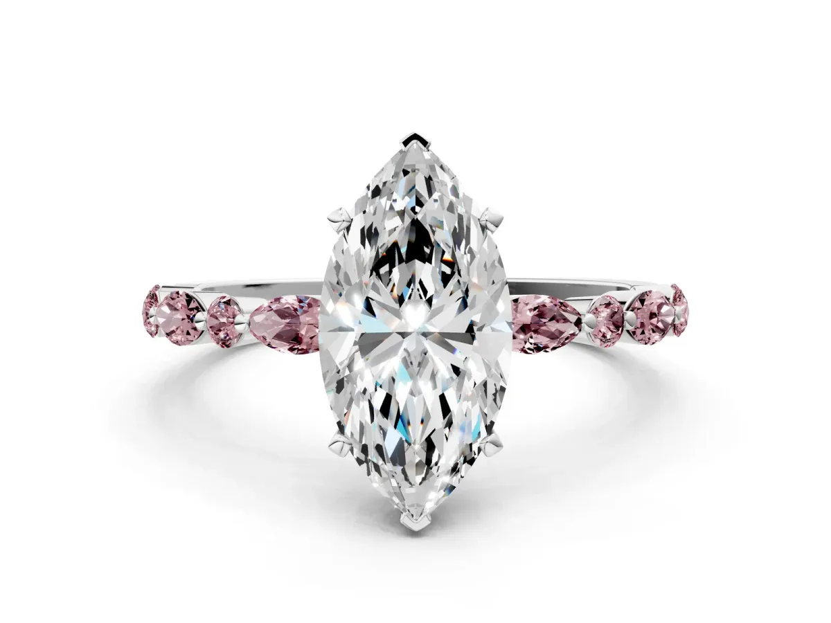 Marquise Cut Diamond Ring with Marquise and Round Morganite Side Stones and Four-Prong Setting White gold
