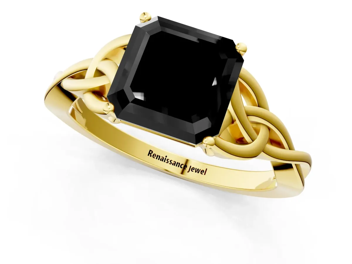 Fancy Black Asscher Cut Diamond Solitaire Engagement Ring with Celtic Knot Band and Four-Prong Setting Yellow gold