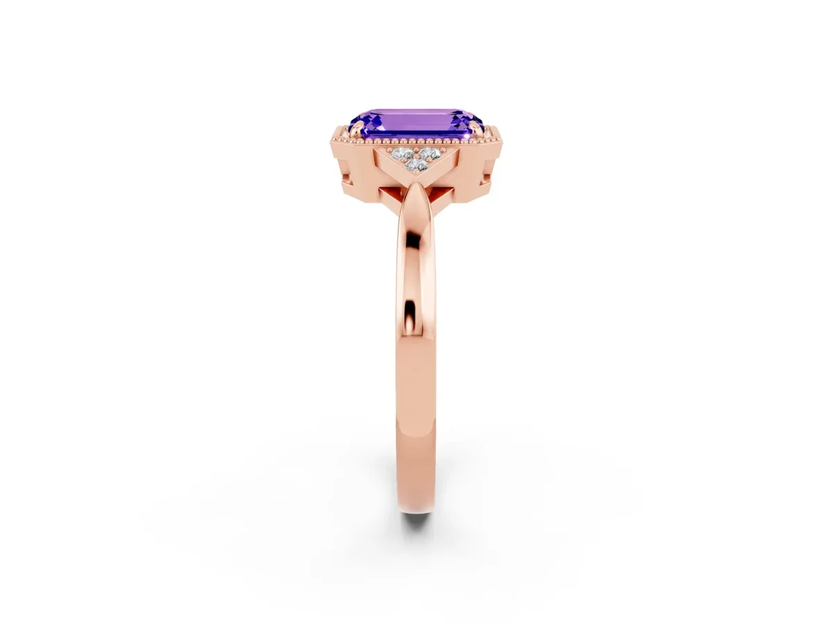 Emerald Cut Tanzanite Halo Ring with Tapered Band and Four-Prong Setting Rose gold