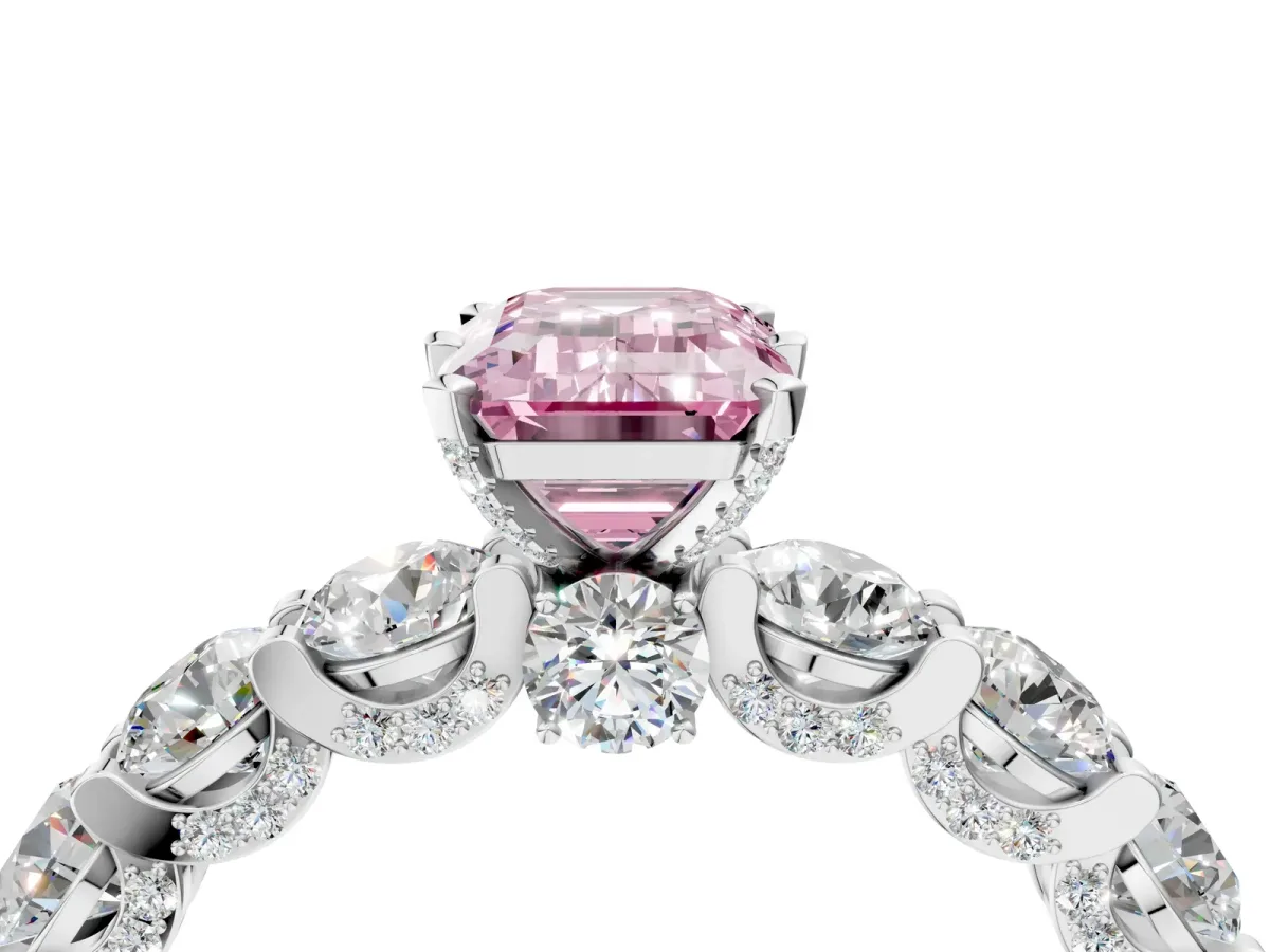 Fancy Pink Emerald Cut Diamond Side Stone Engagement Ring with Four-Prong Setting White gold