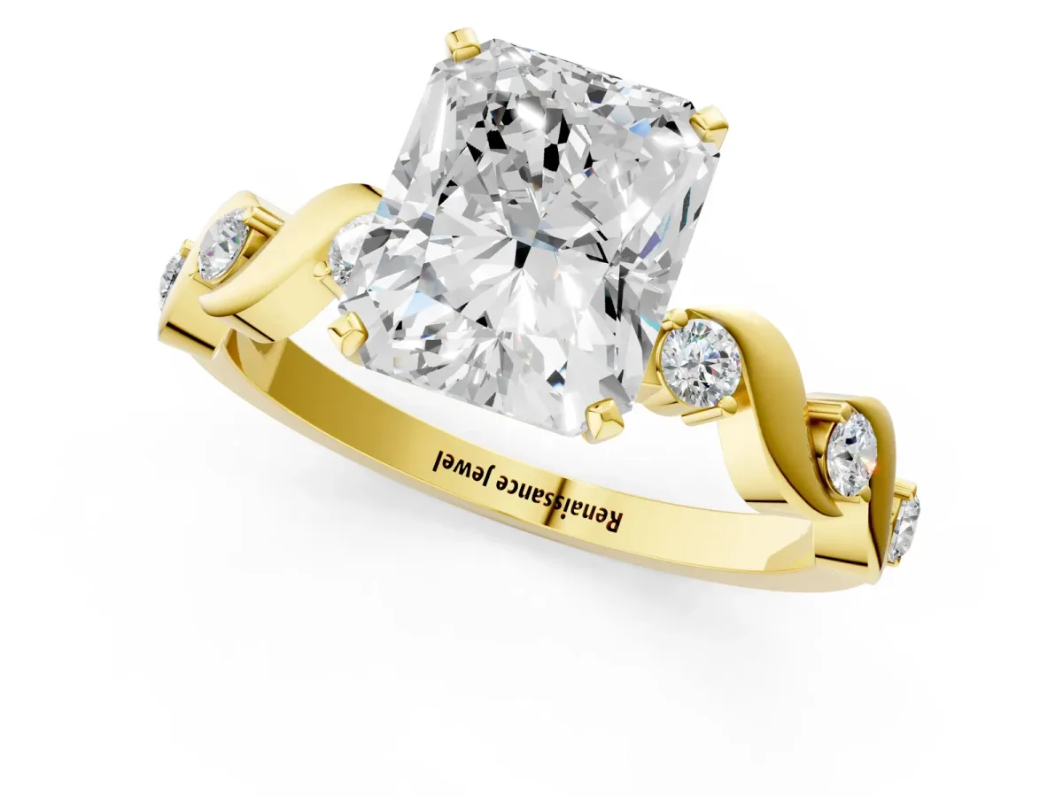 Radiant Cut Diamond Solitaire Twisted Band with Round Accents and Prong Setting Yellow gold