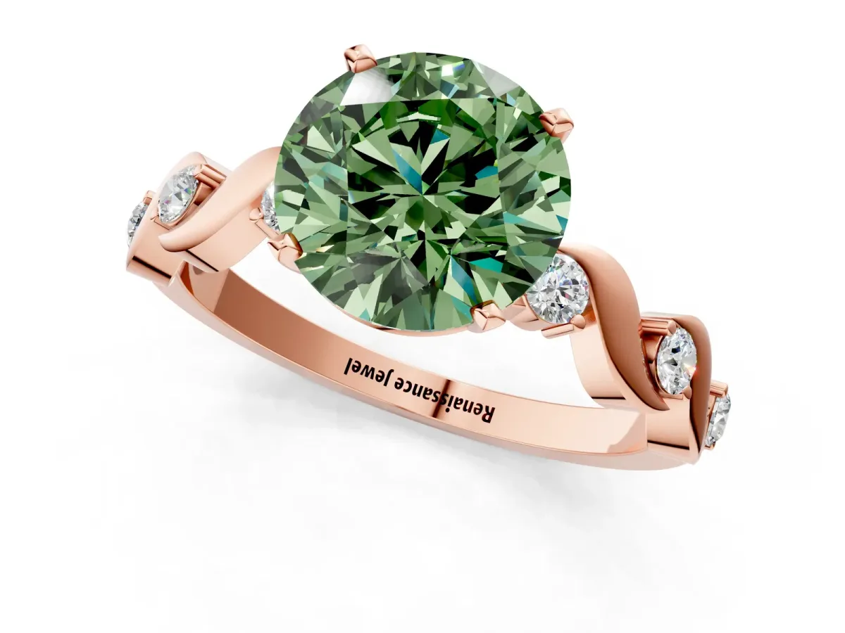 Fancy Green Asscher Cut Diamond Solitaire Twisted Band with Round Accents and Prong Setting Rose gold