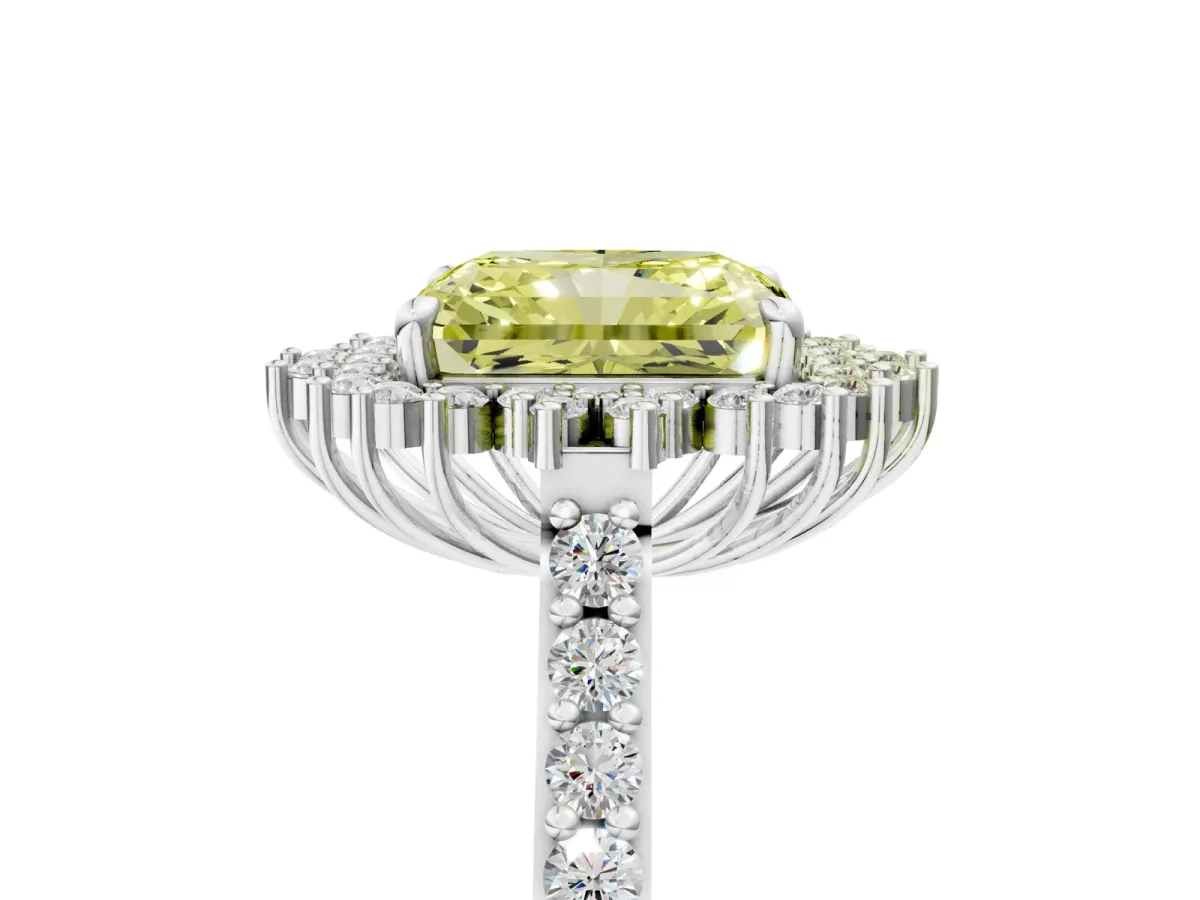Fancy Yellow Radiant Cut Cut Diamond Sunburst Halo Engagement Ring with Pavé Band Platinum
