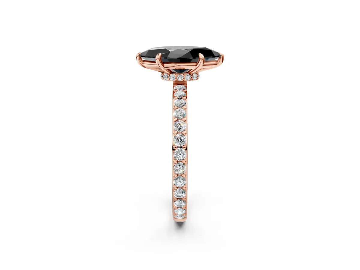 Fancy Black Marquise Cut Diamond Solitaire Engagement Ring with Pavé Band and Four-Prong Setting Rose gold