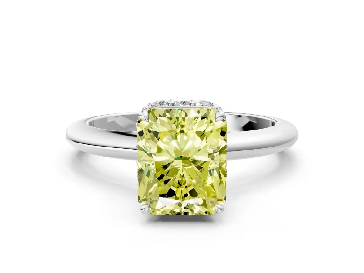 Fancy Yellow Radiant Cut Brilliant Solitaire Engagement Ring with Six-Prong Setting and Classic Band Platinum