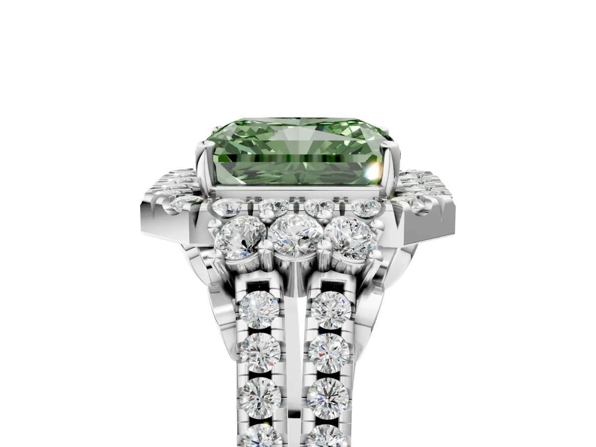 Fancy Green Radiant Cut Cut Double Halo Diamond Engagement Ring with Pave Band and Four-Prong Setting Platinum