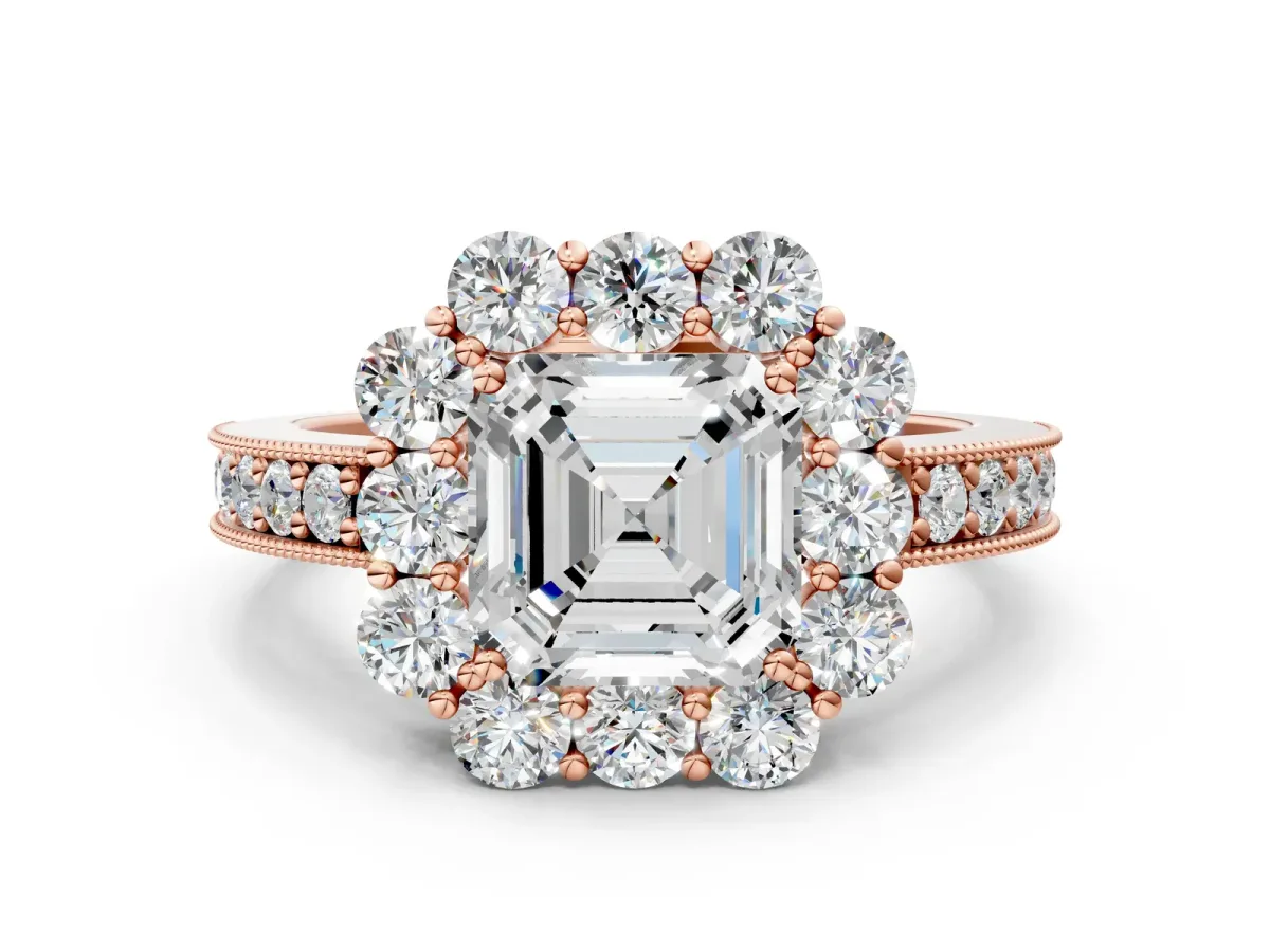 Asscher Cut Cut Halo Diamond Pavé Engagement Ring with Milgrain Detailing Rose gold