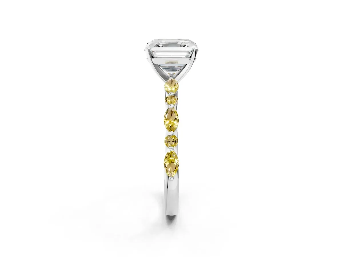 Asscher Cut Diamond Ring with Marquise and Round Yellow Sapphire Side Stones and Four-Prong Setting White gold