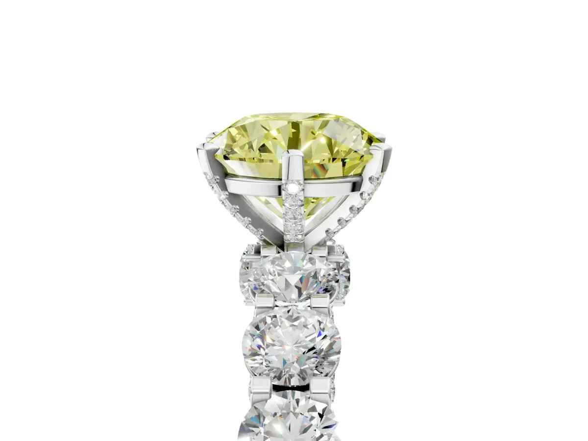 Fancy Yellow Round Cut Diamond Side Stone Engagement Ring with Four-Prong Setting Silver