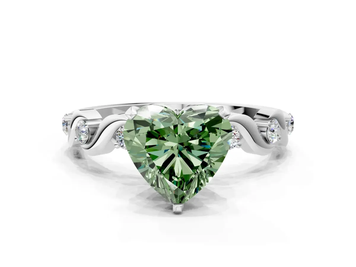 Fancy Green Heart Cut Diamond Solitaire Twisted Band with Round Accents and Prong Setting Platinum