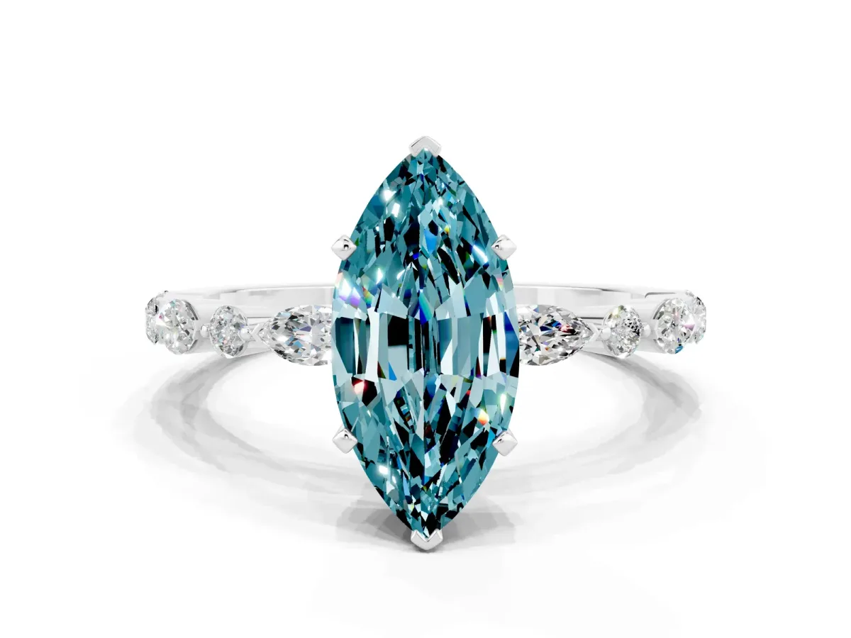 Marquise Cut Blue Topaz Ring with Marquise and Round Side Stones and Four-Prong Setting White gold