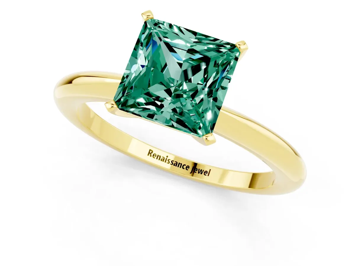 Princess Cut Green Sapphire Solitaire Ring with Six-Prong Setting and Classic Band Yellow gold