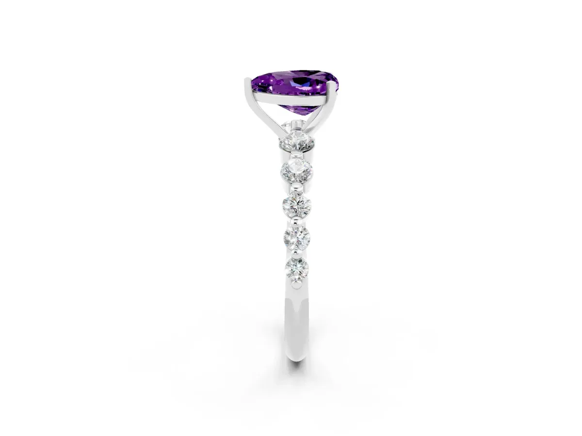 Heart Cut Solitaire Amethyst Ring with Pave Band and Four-Prong Setting Silver