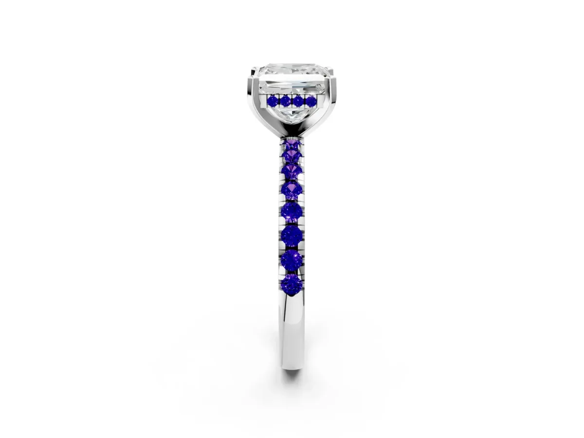 Princess Cut Diamond Solitaire Ring with Round Tanzanite Pavé Band and Four-Prong Setting White gold