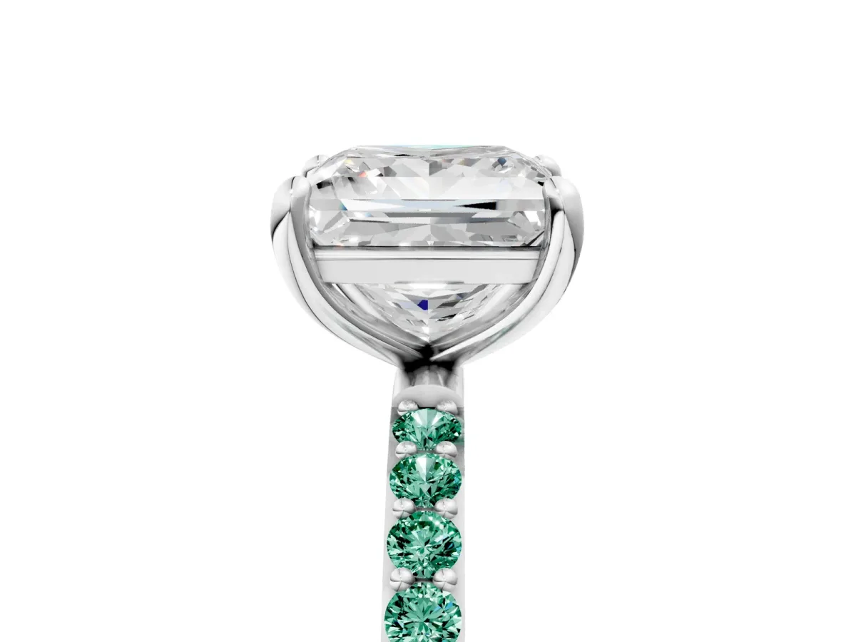 Princess Cut Diamond Solitaire Ring with Round Green Sapphire Pavé Band and Prong Setting White gold