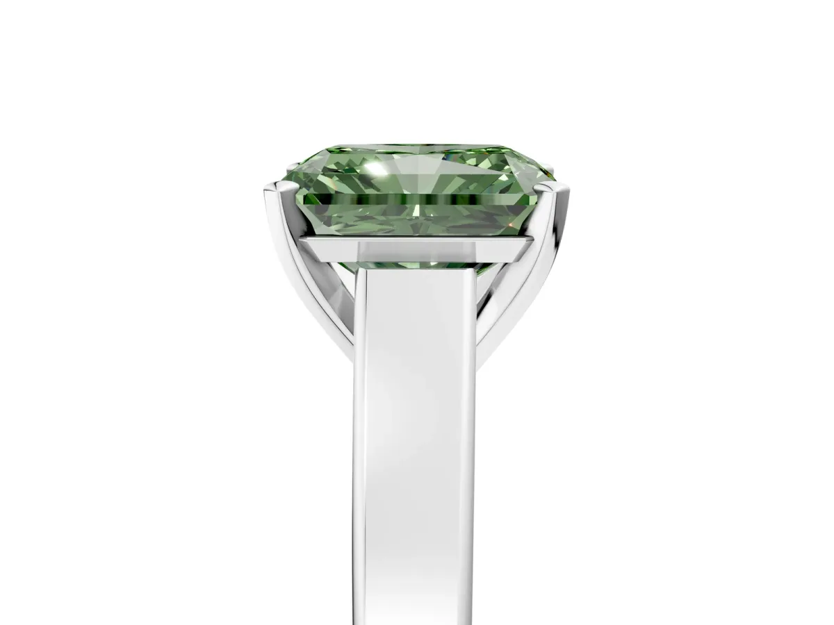 Fancy Green Radiant Cut Solitaire Engagement Ring with Four-Prong Setting and Tapered Band Platinum
