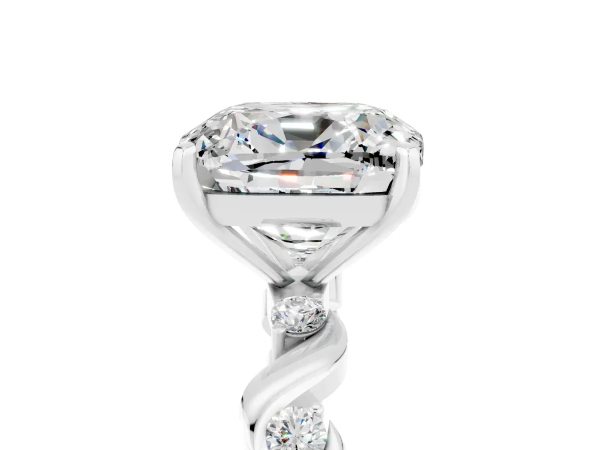 Cushion Cut Moissanite Solitaire Twisted Band with Round Accents and Prong Setting White gold