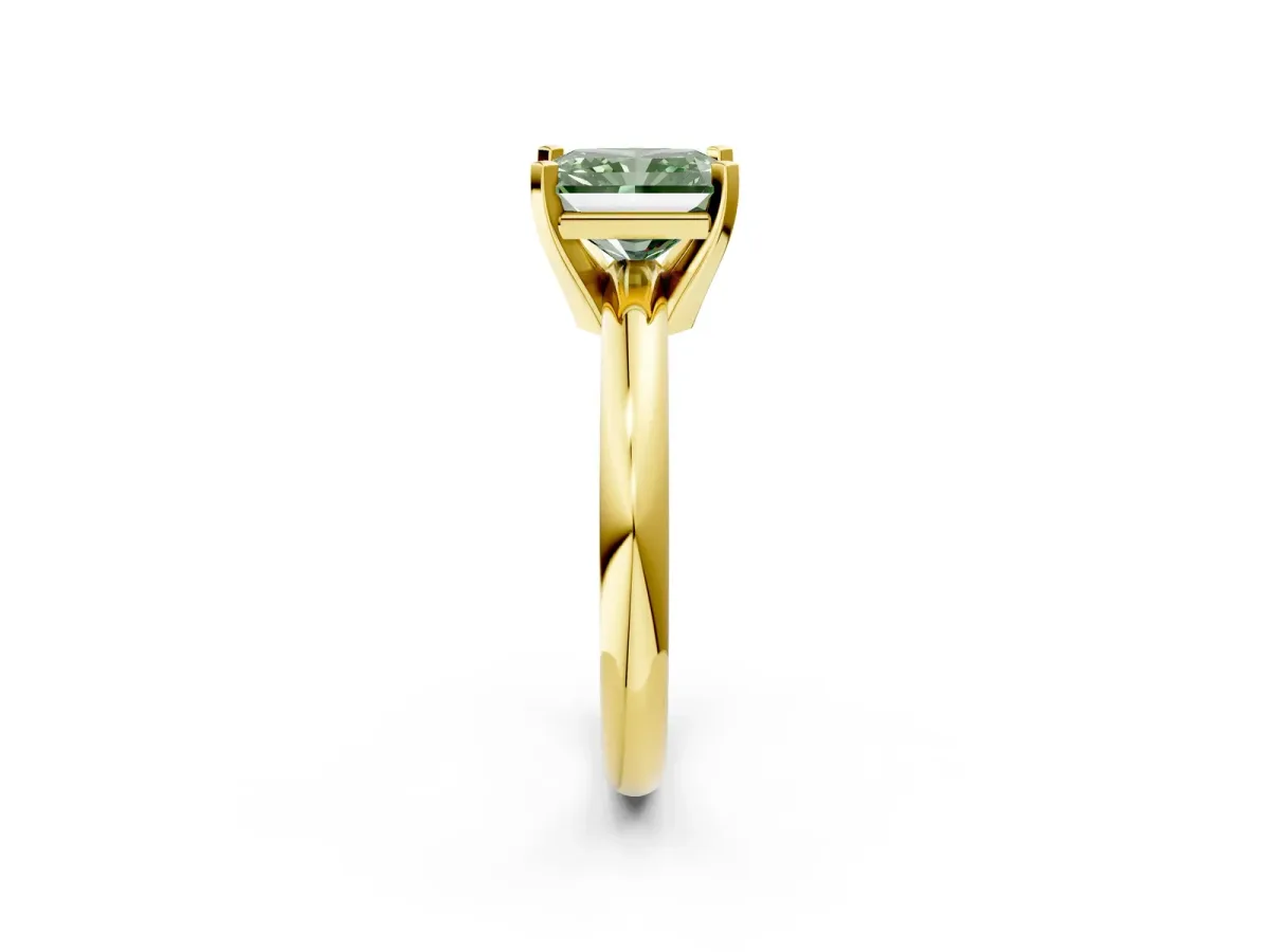 Fancy Green Radiant Cut Diamond Solitaire Engagement Ring with Round Band and Four-Prong Setting Yellow gold