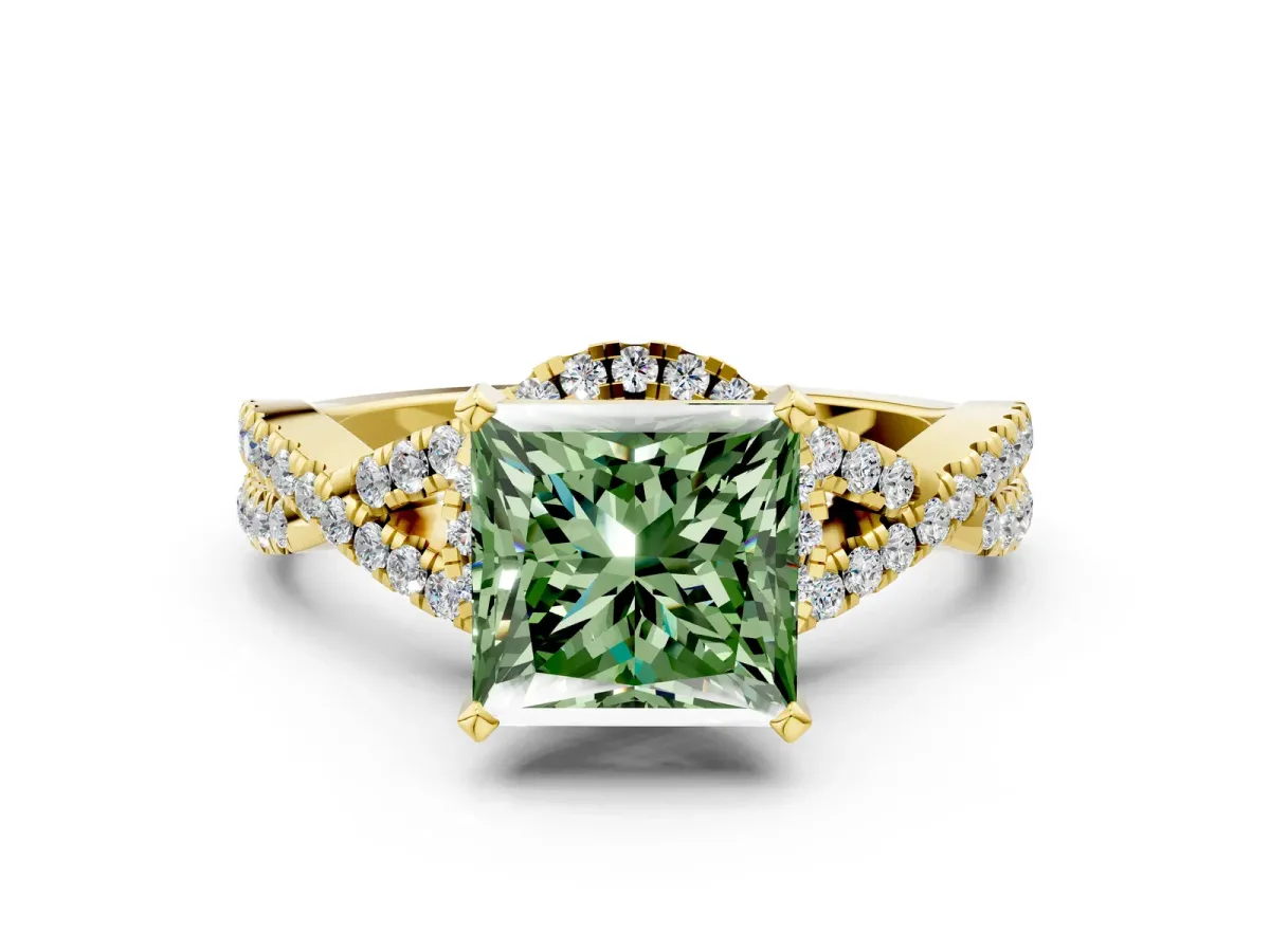Fancy Green Princess Cut Diamond Halo Twist Band Solitaire Prong Setting Ring Yellow gold