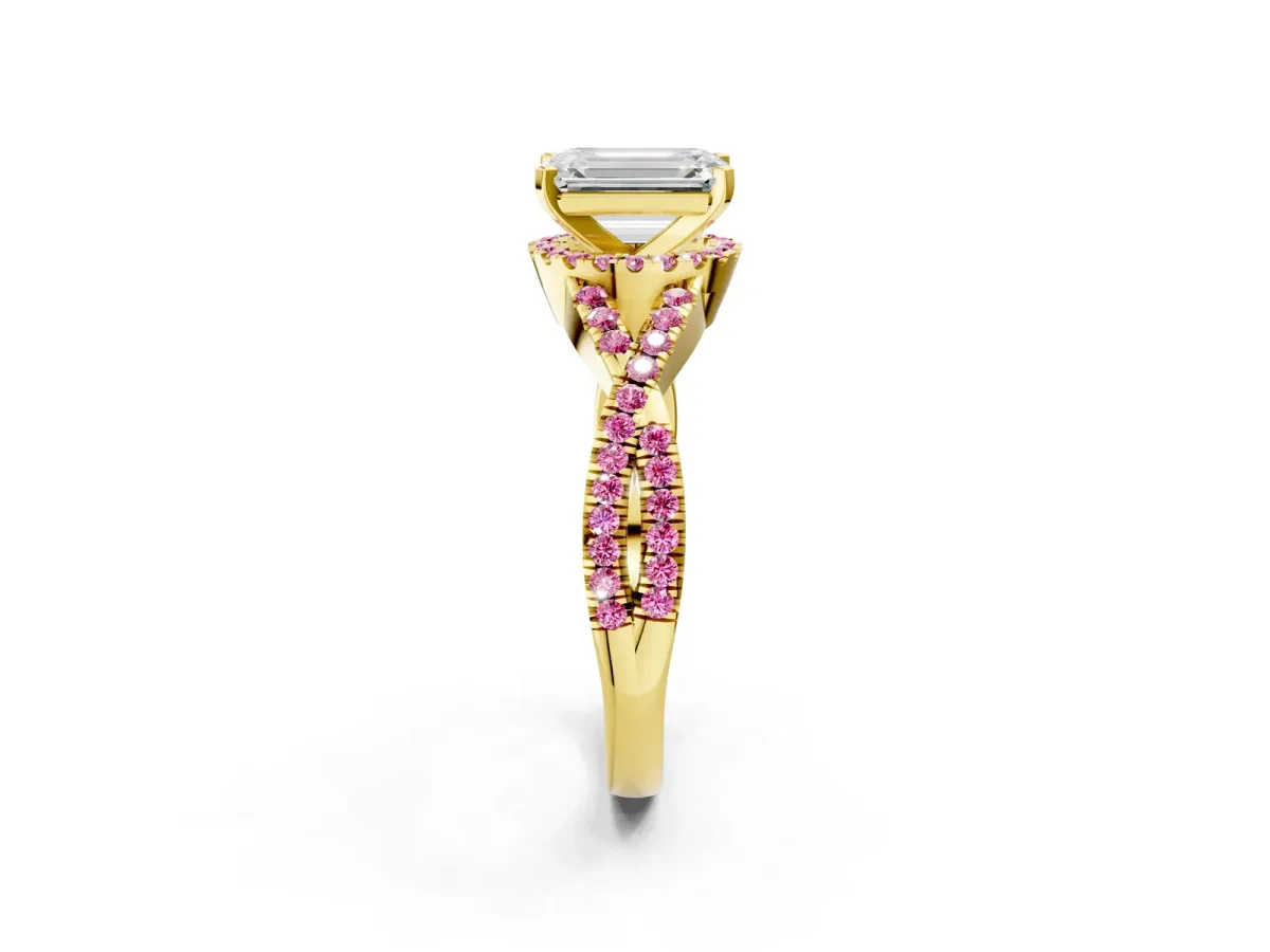 Emerald Cut Diamond Pink Sapphire Halo Twist Band Solitaire Prong Setting Ring Yellow gold