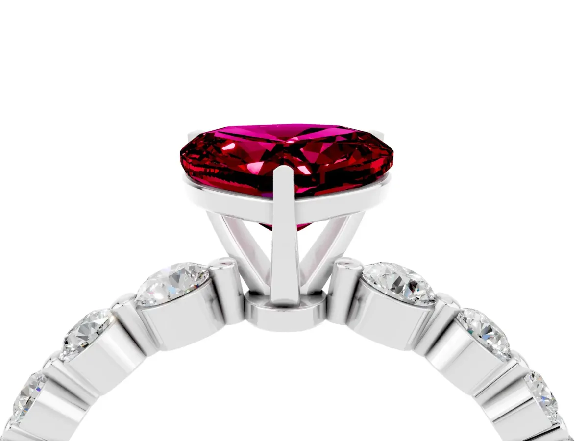 Heart Cut Solitaire Garnet Ring with Pave Band and Four-Prong Setting Silver