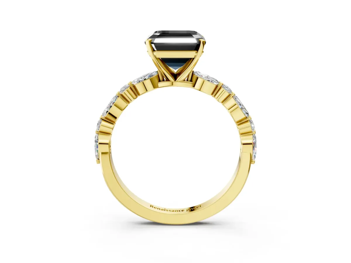 Fancy Black Asscher Cut Diamond Ring with Marquise and Round Side Stones and Four-Prong Setting Yellow gold