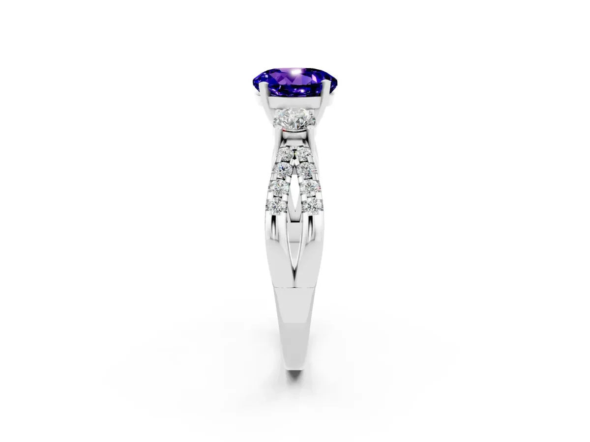 Round Cut Tanzanite Three-Stone Ring with Pavé Split Shank and Four-Prong Setting Silver